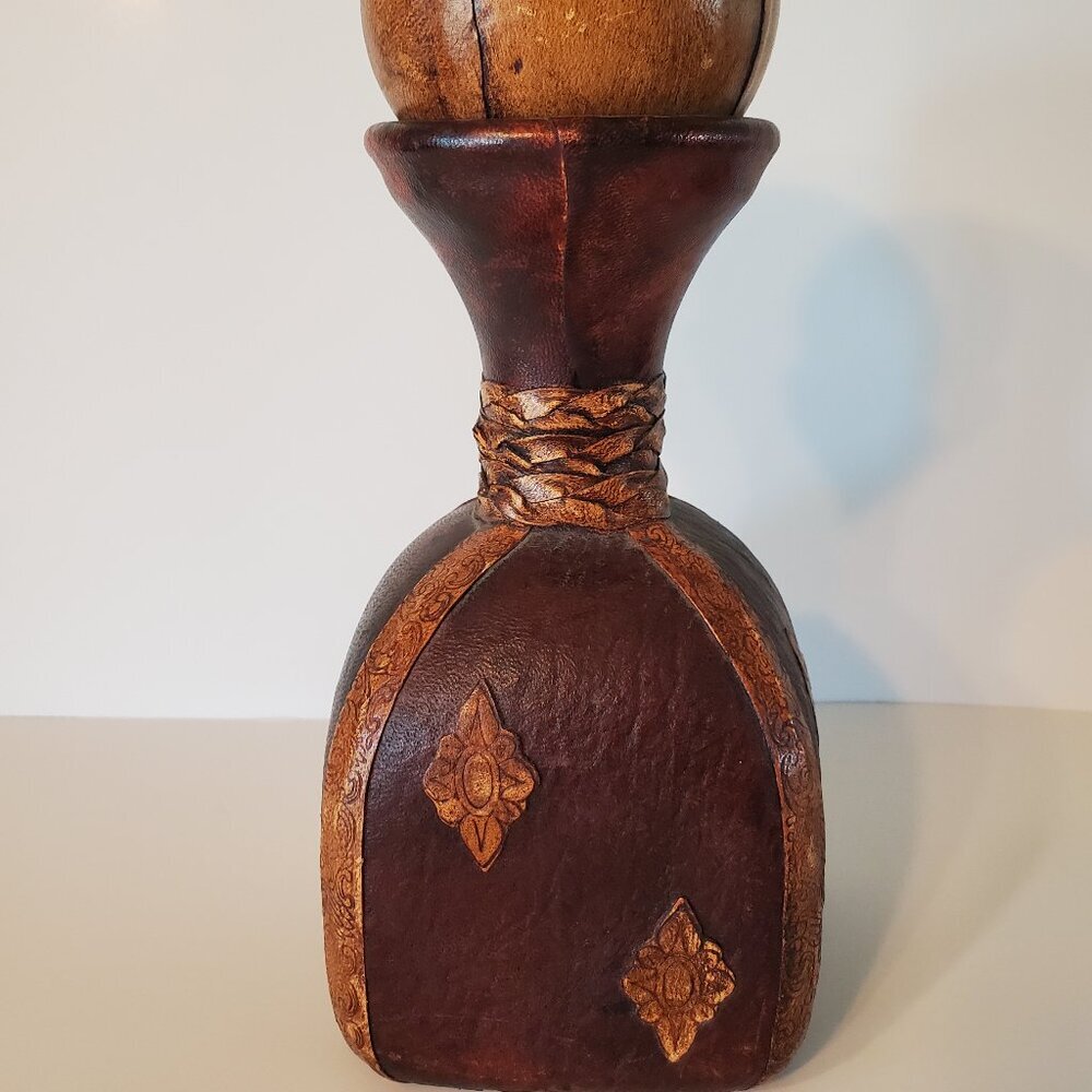 Vintage Leather Wrapped Glass Decanter Made in Italy 11 inch tall